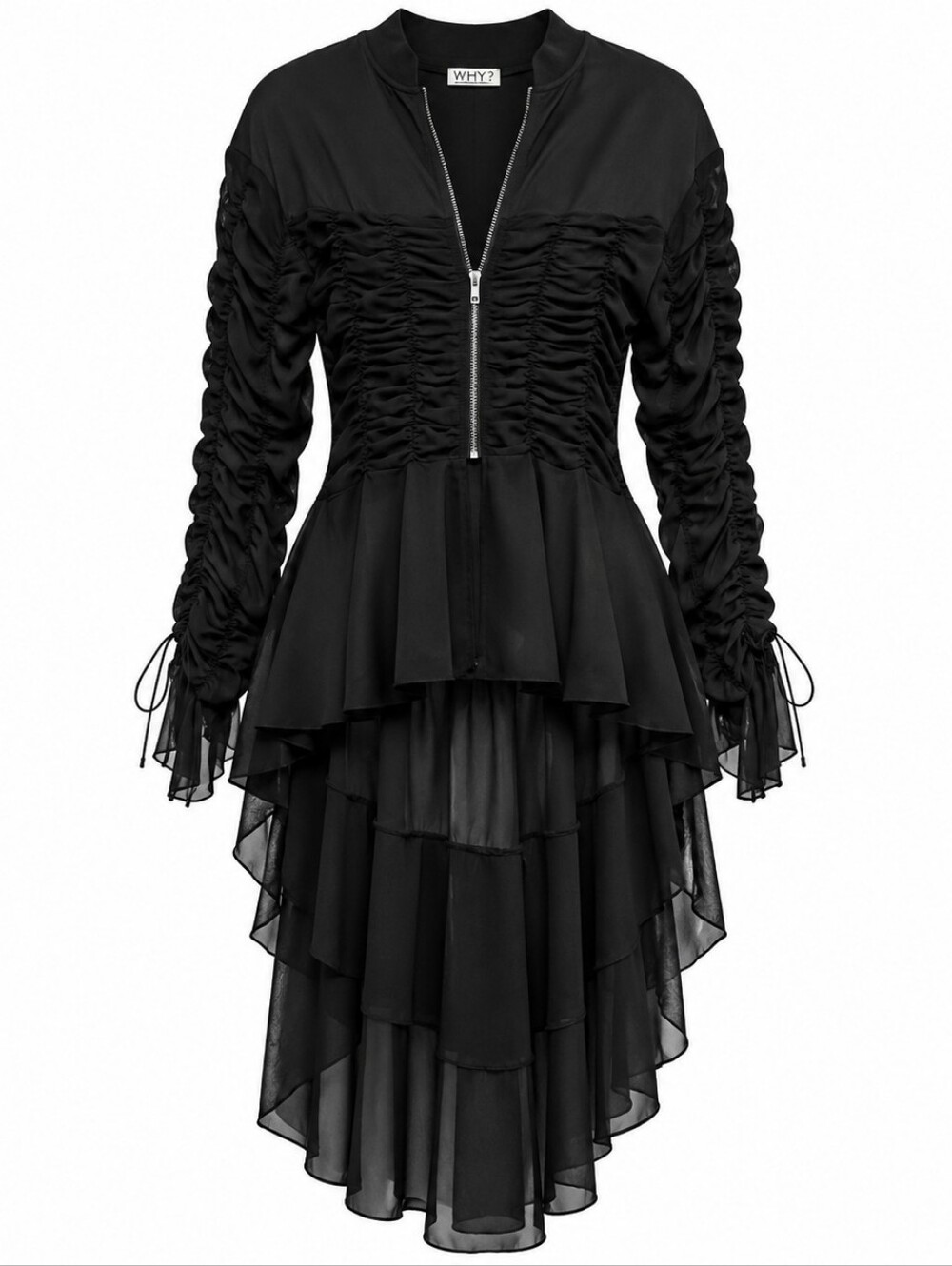 WHY DRESS Gothic Ruched Zip Front Asymmetric Chiffon High Low Maxi Size M